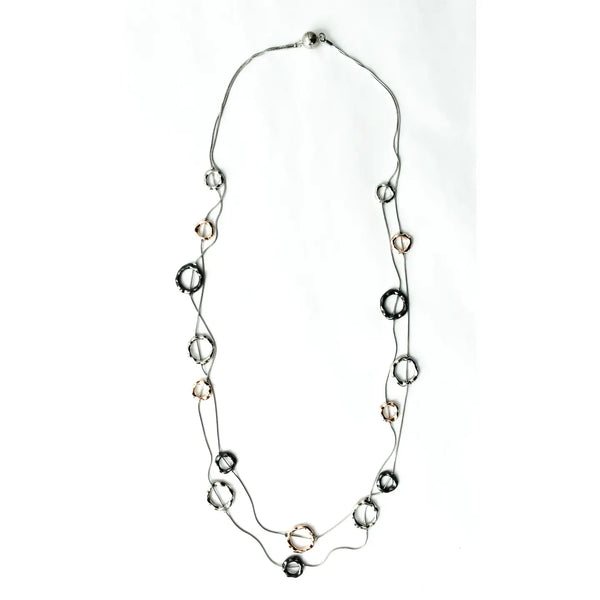 Long Steel Necklace with Bronze, Silver, and Slate Circles