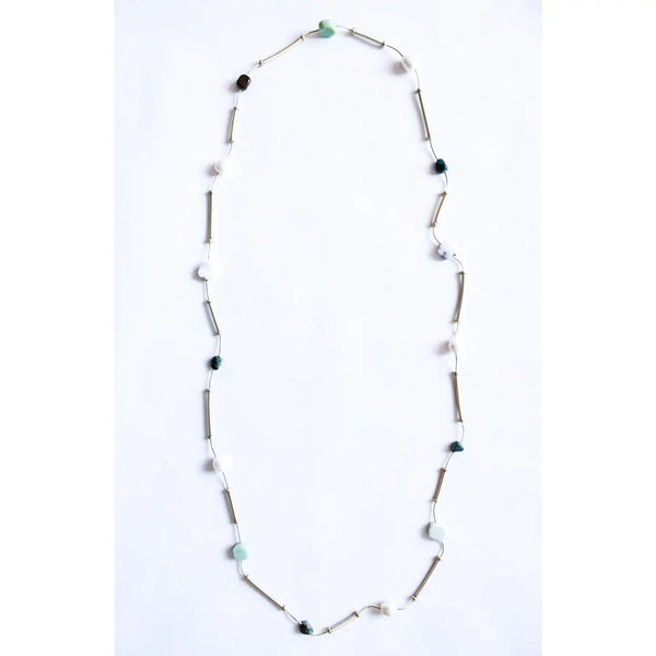 Turquoise, Jade, and Freshwater Pearls on Gold Wire Long Necklace