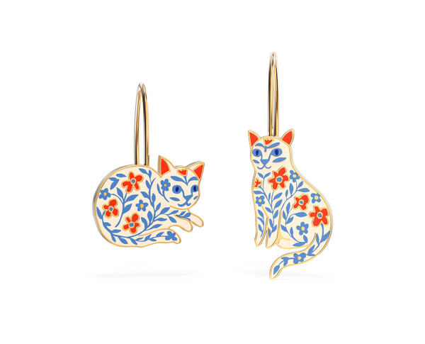 Floral Cats Asymmetric Earrings