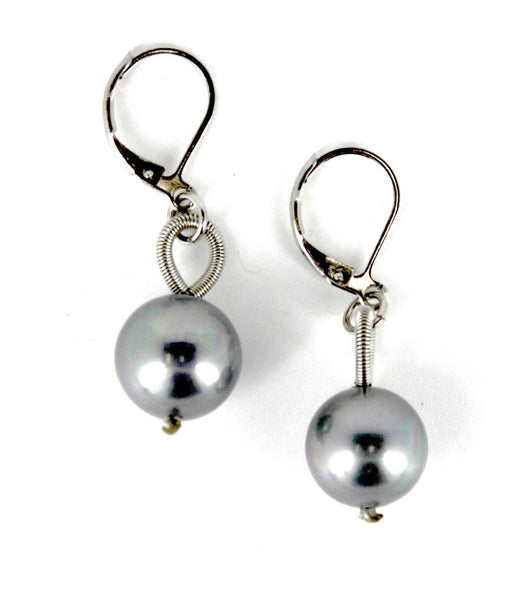 Silver Piano Wire Earrings with Silver Pearl Drop