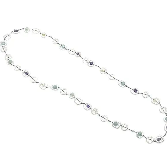 Long Silver Geometric Necklace with Mixed Natural Stones
