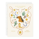 Birthday card with cowboy-themed illustrations on a white background