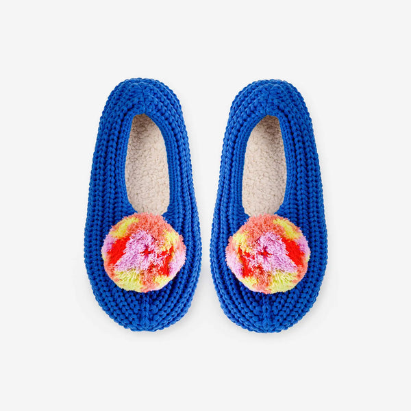 Marble Pom Pom Knit Slippers: Cobalt