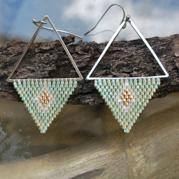Avocado and Satin Geometric Triangle Earrings