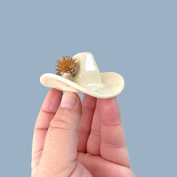 Small Ceramic Cowboy Hat Home Decor - Parchment Clear Glaze