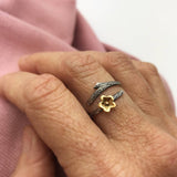 Adjustable Silver Branch Ring with Bronze Cherry Blossom