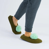 Pom Knit Slippers: Moss