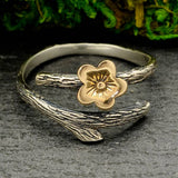 Adjustable Silver Branch Ring with Bronze Cherry Blossom