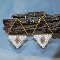 Beige, Brown, and Gold Beaded Geometric Triangle Earrings