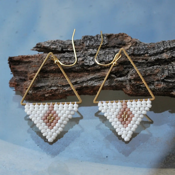 Beige, Brown, and Gold Beaded Geometric Triangle Earrings