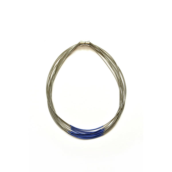 Multi Strand Silver Wire Necklace With Blue Segment