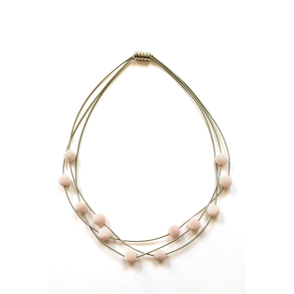 Short Silver 3 Strand Necklace With Pink Agate Beads